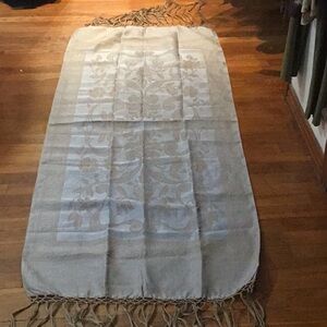 Linen Damask Shawl with Long Fringe, Natural with Muted Green. Unused.